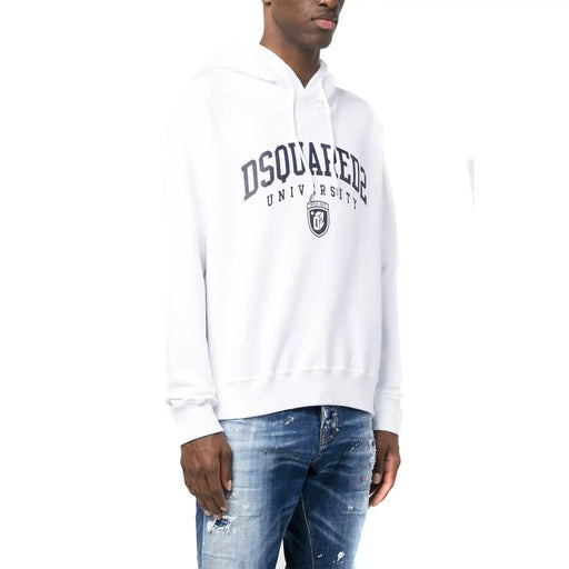Dsquared Weißer Herren-Kapuzenpullover aus Baumwolle mit marineblauem Dsquared2-Universitäts-Schriftzug und -Logo auf der Vorderseite