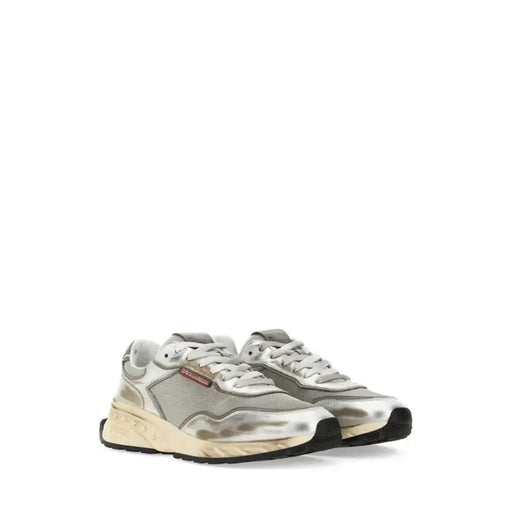 Metallic silver and gold sneakers with red accents, prada model.