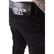 Dsquared2 Jeans für Herren aus schwarzem Denim mit schwarzem Lederpatch und weißem/schwarzem Bullen-Schriftzug, Rückansicht