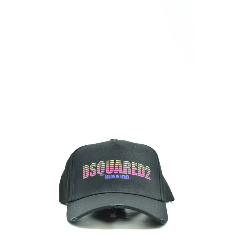 Dsquared2 men black cotton distressed baseball cap with pink and purple gradient logo on the front