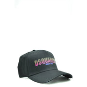 Dsquared2 men black cotton baseball cap with distressed design and pink purple gradient logo print on front