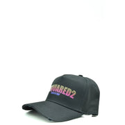 Black dsquared2 distressed cotton baseball cap with vibrant rainbow-gradient logo and made in italy text beneath it