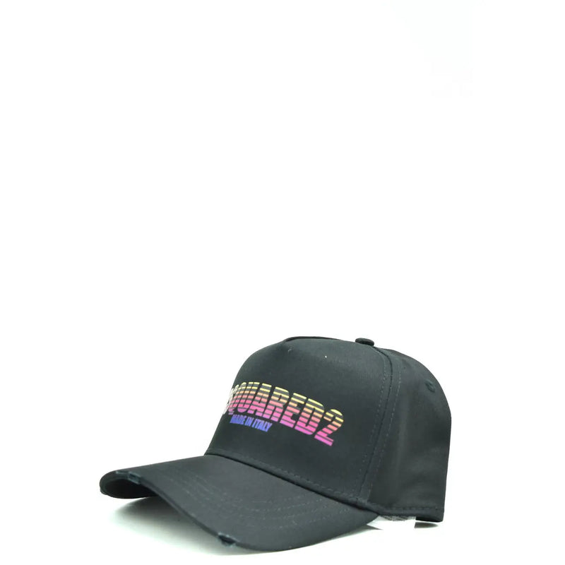 Black dsquared2 distressed cotton baseball cap with vibrant rainbow-gradient logo and made in italy text beneath it