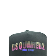Black Dsquared2 men cotton distressed snapback cap featuring a bold pink and yellow gradient logo print