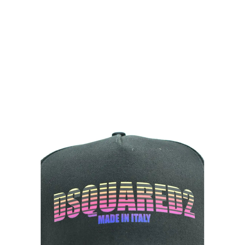 Black Dsquared2 men cotton distressed snapback cap featuring a bold pink and yellow gradient logo print