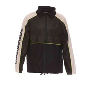 Men’s black and beige color block windbreaker jacket with neon yellow stripe and full zip
