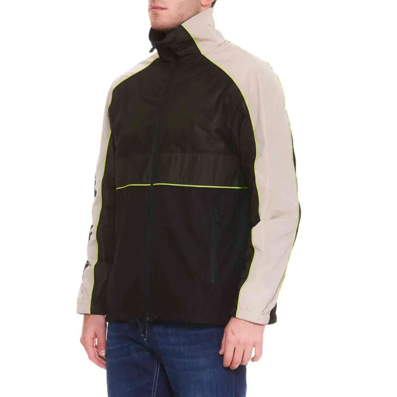 Dsquared2 men black turtleneck zip blazer with black and beige windbreaker featuring neon yellow trim for spring summer