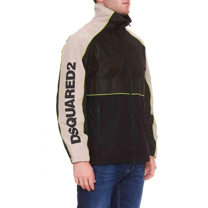 Dsquared2 men black and beige windbreaker with neon yellow trim featured in spring summer collection