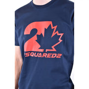 Navy blue dsquared2 men cotton t shirt with round neck featuring bold orange maple leaf and brand name print below