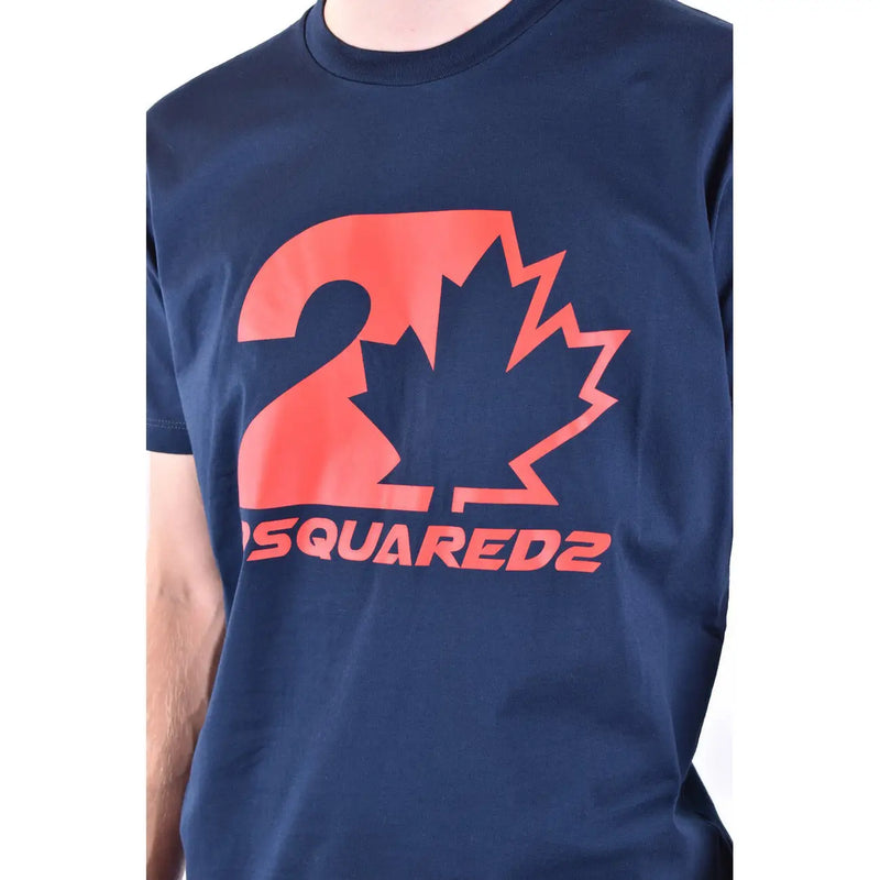 Navy blue dsquared2 men cotton t shirt with round neck featuring bold orange maple leaf and brand name print below