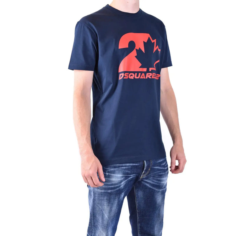 Navy blue Dsquared2 men cotton t shirt with a round neck featuring an orange maple leaf logo and brand name below