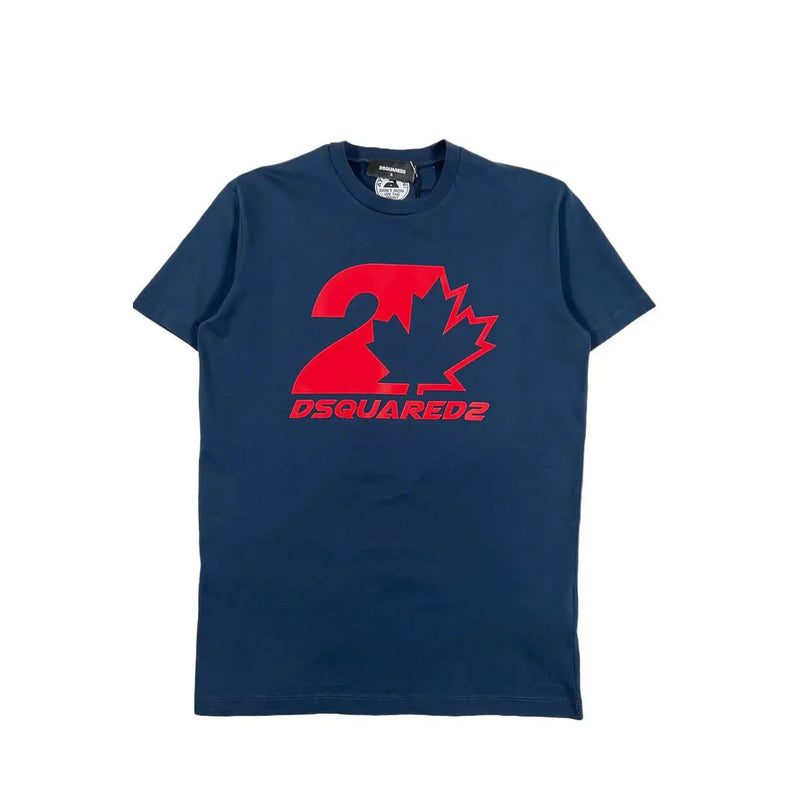 Dsquared2 men blue cotton t shirt round neck with bold red maple leaf and number two graphic on chest