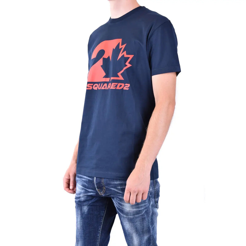 Navy blue Dsquared2 men cotton t shirt with bold orange maple leaf and Dsquared2 logo graphic on chest round neck