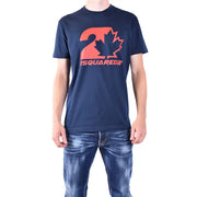Navy blue Dsquared2 men cotton t shirt with round neck and bold orange maple leaf and number two graphic on chest