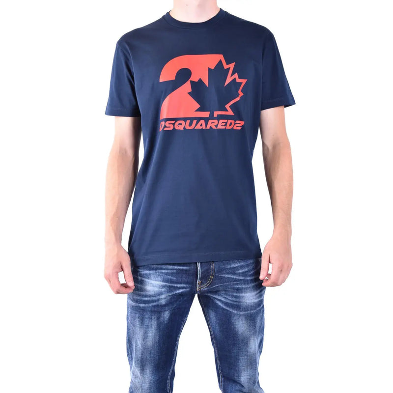 Navy blue Dsquared2 men cotton t shirt with round neck and bold orange maple leaf and number two graphic on chest