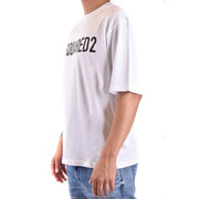 White dsquared2 men cotton t shirt with round neck featuring black dsquared2 logo across the chest