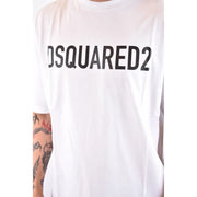 White Dsquared2 men cotton t shirt with bold black lettering across the chest and round neck design