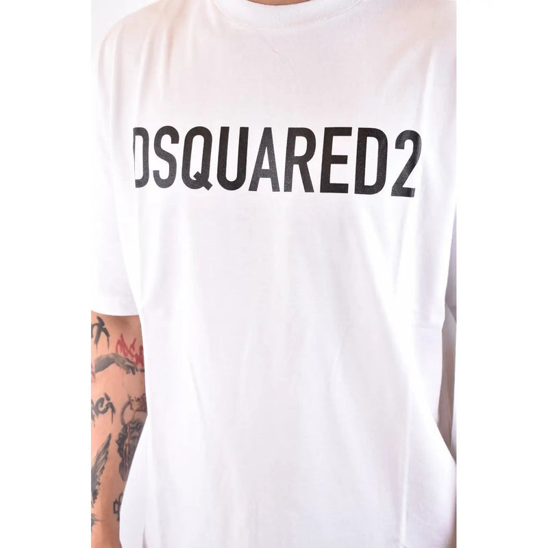 White Dsquared2 men cotton t shirt with bold black lettering across the chest and round neck design
