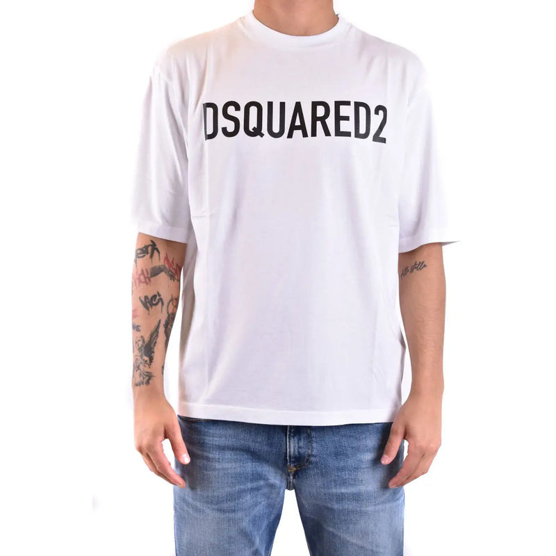 White dsquared2 men cotton t shirt with round neck and bold black lettering across the chest