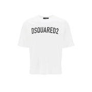 White dsquared2 men cotton t shirt with round neck and bold black arched lettering across the chest