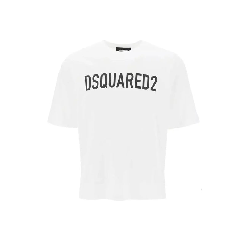 White dsquared2 men cotton t shirt with round neck and bold black arched lettering across the chest