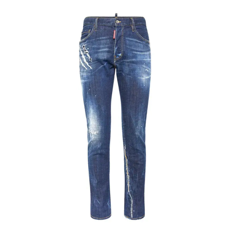 Dark blue distressed dsquared2 men jeans with faded wash cotton elastane featuring worn out effect and brand label on waistband