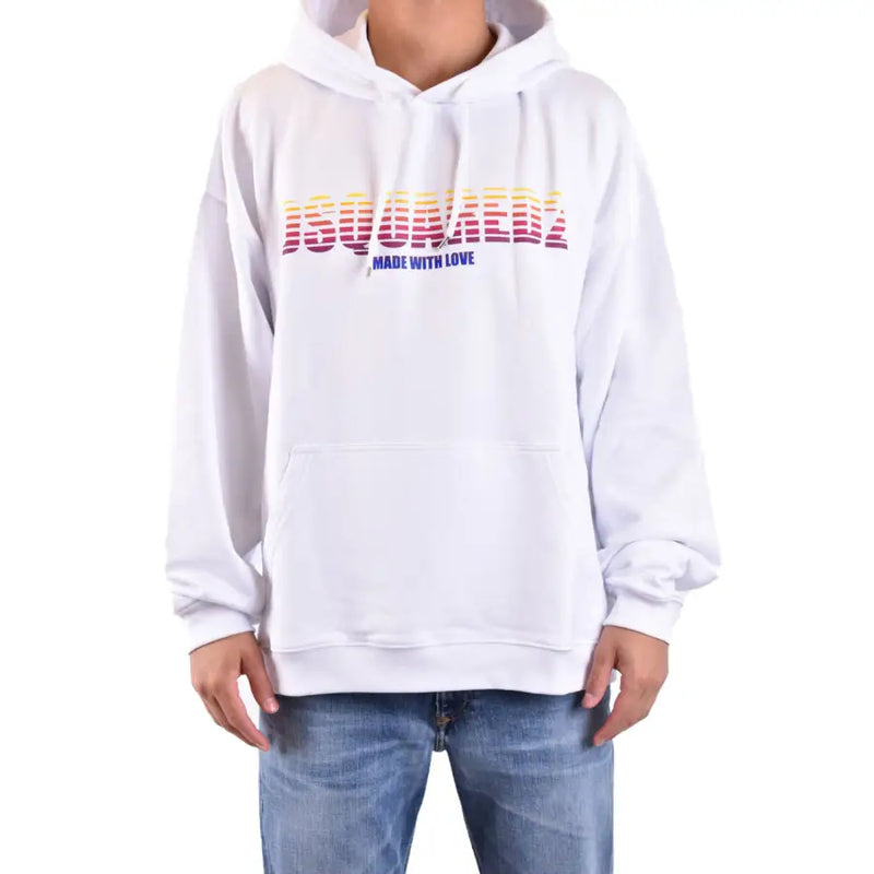 Weißer Baumwoll-Kapuzenpullover für Herren von Dsquared2 mit einem Logo in Regenbogenfarben mit Farbverlauf und dem Aufdruck „Made with love“.