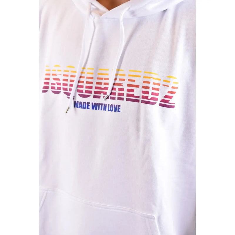 White Dsquared2 men sweatshirt cotton hooded print with gradient rainbow logo and blue made with love text