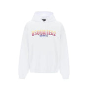 Dsquared2 Herren-Sweatshirt, weiß, Baumwolle, Kapuze, bedruckt mit einem Regenbogen-Farbverlauf-Logo und dem Aufdruck „Made with Love“.