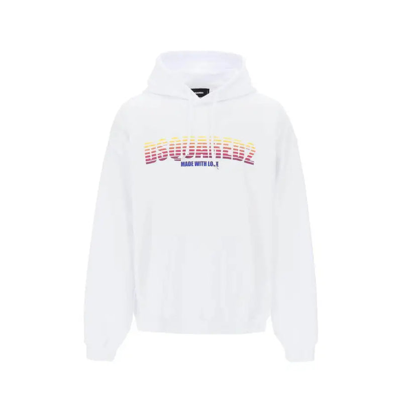 Dsquared2 Herren-Sweatshirt, weiß, Baumwolle, Kapuze, bedruckt mit einem Regenbogen-Farbverlauf-Logo und dem Aufdruck „Made with Love“.