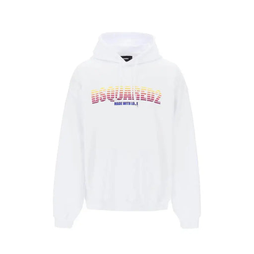 Dsquared2 Herren-Sweatshirt, weiß, Baumwolle, Kapuze, bedruckt mit einem Regenbogen-Farbverlauf-Logo und dem Aufdruck „Made with Love“.