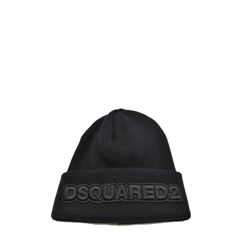 Black dsquared2 men wool beanie with ribbed knit texture and bold raised logo on folded brim for fall winter use