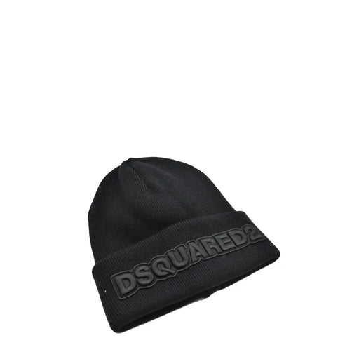 Black Dsquared2 men wool cap with ribbed knit texture and dark gray embroidered logo on folded cuff for fall winter