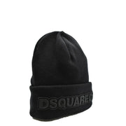 Black Dsquared2 men wool beanie with ribbed knit texture and black logo embroidery on folded cuff for fall winter