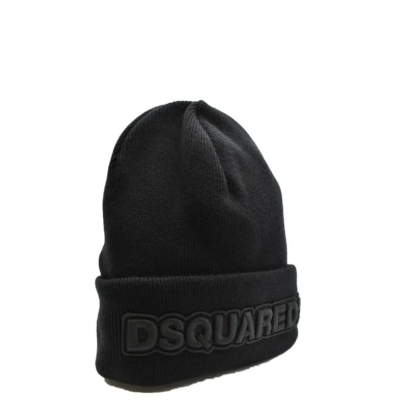 Black Dsquared2 men wool beanie with ribbed knit texture and black logo embroidery on folded cuff for fall winter