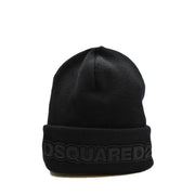 Black wool Dsquared2 men knit beanie with ribbed cuff and raised dark gray logo print for fall winter use