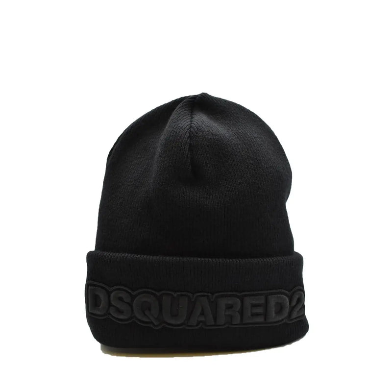 Black wool Dsquared2 men knit beanie with ribbed cuff and raised dark gray logo print for fall winter use