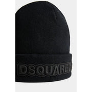 Black ribbed knit wool beanie with folded cuff and embossed dsquared2 logo for fall winter men