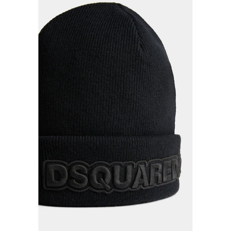Black ribbed knit wool beanie with folded cuff and embossed dsquared2 logo for fall winter men