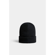 Black ribbed knit wool beanie with folded cuff featuring Dsquared2 logo print for fall winter use