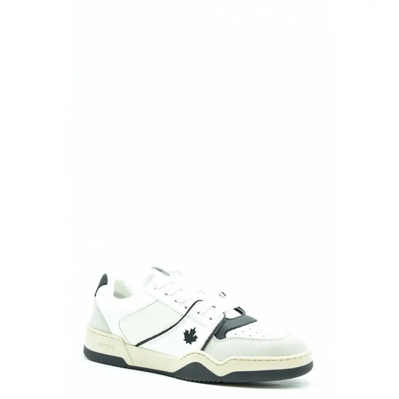 Baskets basses blanches et noires Dsquared2 pour hommestop baskets avec empeigne en daim, bout perforé et logo feuille d'érable noir