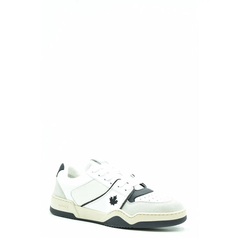 Dsquared2 men’s white and black low-top sneakers with suede upper perforated toe box and black maple leaf logo