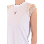 Dsquared2 white cotton sleeveless top with sheer mesh shoulder panels and keep it cool embroidered logo on chest