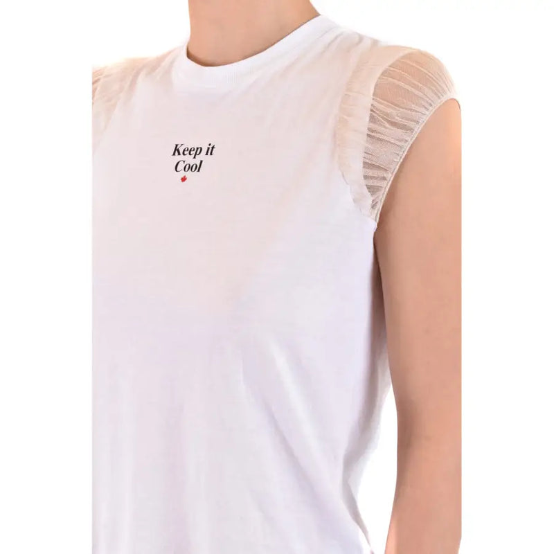 Dsquared2 white cotton sleeveless top with sheer mesh shoulder panels and keep it cool embroidered logo on chest