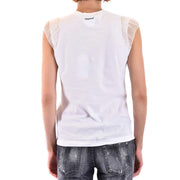 Dsquared2 white cotton sleeveless tank top with sheer mesh shoulder panels and logo at the neckline for women