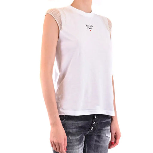 Dsquared2 white cotton sleeveless tank top with sheer ruffled shoulder panels and keep it cool embroidery on chest