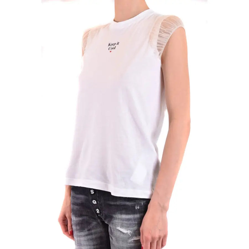 Dsquared2 white cotton sleeveless tank top with sheer mesh shoulder panels and keep it cool embroidered text on chest