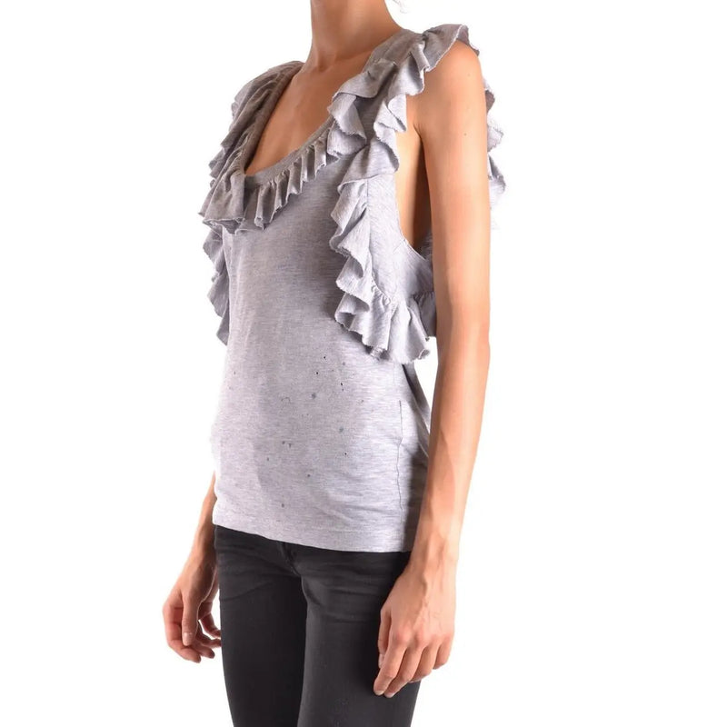 Dsquared2 women tank top grey sleeveless cotton elastane with layered ruffled fabric and textured pattern on one shoulder