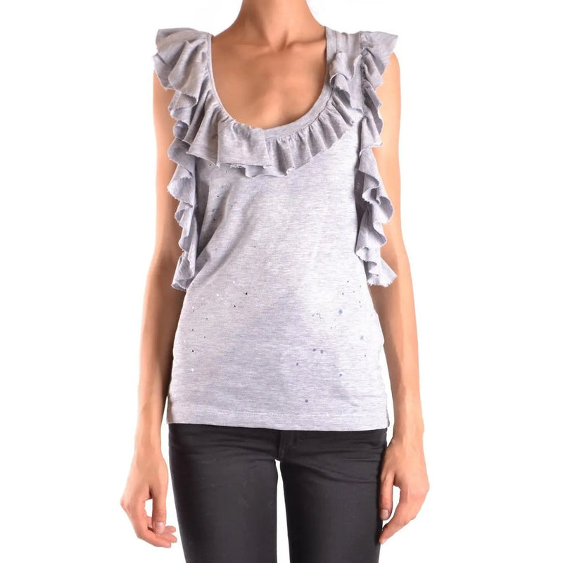 Dsquared2 women tank top in grey sleeveless cotton elastane with layered ruffled shoulders and subtle glittery speckles