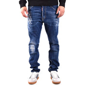 Jean Dsquared2 usé pour homme en denim bleu foncé délavé et déchiré, vue de dos